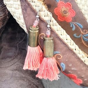 Western Salmon Pink Fringe Bullet Shell Earrings